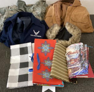 (3) Cold Weather Jackets (1 Camo, 1U.S. Air Force, 1 Wrangler , All Size Large), Fur Cap, Misc. Gift Bags, Amd More, Please Inspect.
