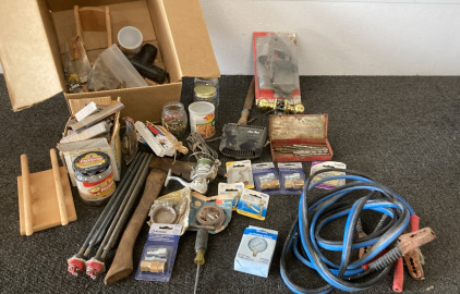 No Lead Pressure Gauge, Jumper Cables, (3) 1/4 in X 1/4in industrial coupler, Fishing Reel, Variety Drill Bits, Vatiety Tools, And More Please Inspect.