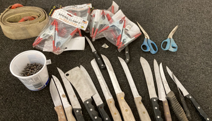Tow Strap, (6) Sets Of 6&rdquo; Spring Clamps, (15) Variety Kitchen Knives. (2) Scissors, Container of Nails, And More Please Inspect.