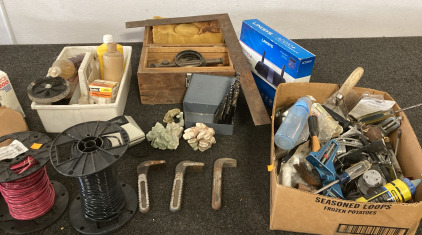 Vintage Bistro Surveying Instrument, Set Of Drill Bits, (2) Spools of Wire, Aquarium Decore, And More Please Inspect.