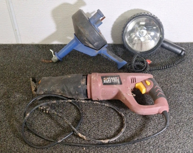 (1) CHICAGO ELECTRIC RECIPROCATING SAW, (1) HAND SNAKE & (1) AUTOMOTIVE SPOTLIGHT