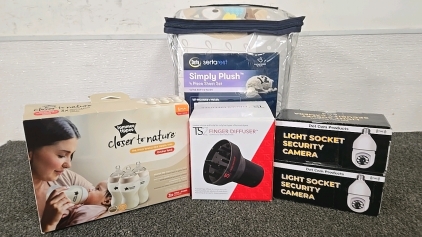 (1) Box of Tomee Tippee Bottle Nipples (1) 4 Piece Sheet Set (1) TS2 Finger Diffuser Blow Dryer Attachment (2) Light Socket Security Cameras