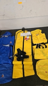 (2) American Clearwater Rain/Wet Gear with Bags (3) Yellow Pull Cord Life Vests