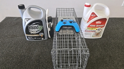 (1) Live Trap (Like New) (1) Jug of Round Up Max Control Weed Killer (1) Jug of Ortho Home Defense Insect Killer (1) Blue XBOX Controller