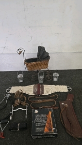 (1) Birchwood Casey Complete Stock Finish Kit (1) Leather Machete Sheath (1) Black Leather Belt (1) Stethoscope (1) Decorative Buggy (3) Small Silver Lanterns and More