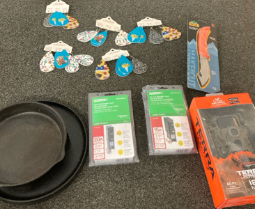 Terra Extreme Lightsout Hunting Tool, Cast Iron Pans, Outdoor Edge FieldSkin Knife, Curcuit Breakers, & Earings