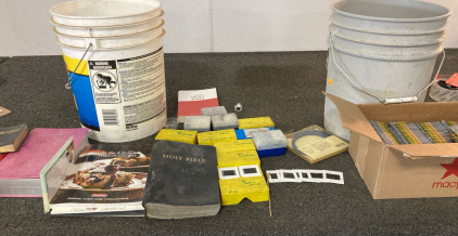 Bucket Full Of Screws, Bucket Of Clamps, Color Slides, & Assorted Books
