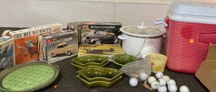 Crock Pot, Cooler, Assorted China, Model Cars And Planes, & Golf Balls