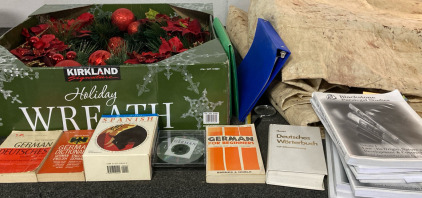 Language Learner Books And Discs, Giant Christmas Wreath, & Cloth Tarp