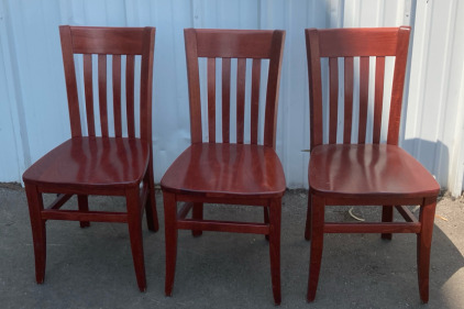 (3) Red Wood Dinning Chairs 17”x 20”x36”