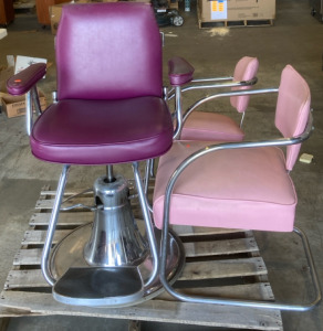 (2) Light Pink Salon Waiting Chairs (1) Purple Salon Hair Cutting Chair