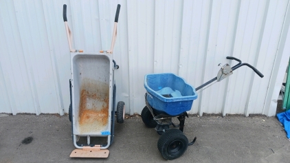 Chapin Large Broadcast Spreader and Worx Handtruck Wheelbarrow