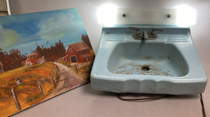 Vintage Sink, Vanity Light & Rustic Painting