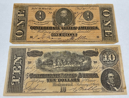 (2) American Confederate Bills… 1864 One Dollar, And 1864 Ten Dollar Bills