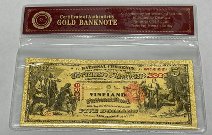 $5.00 99.9% Pure 24k Carat Gold Banknote W/ C.O.A.