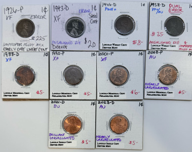 (10) Collectors Lincoln Pennies Includes Wheat, Steel, Nearly Uncirculated, Errors: 1926-P/1943-D/1946-D/1958-D/1988-D/1990-P/2001-P/2008-P/2021-D/2023-D