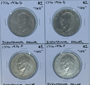 (2) 1976-D Bicentennial Ike Dollar Coins (2) 1976-P Bicentennial Ike Dollar Coins