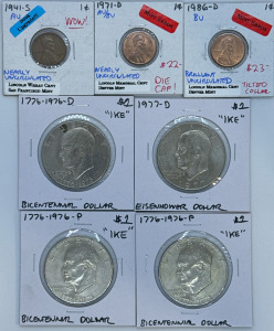 (7) Collectors Coins: (3) Lincoln Pennies 1941-S Wheat/1971-D Mint Error/1986-D Mint Error (4) Bicentennial Ike Dollar Coins 1976-D/1977-D (Eagle On Back)/(1976-P (2 “P”)