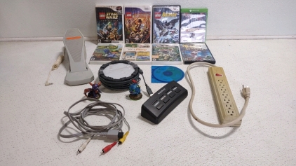 (7) Wii Games, (1) Xbox Game, (1) PS1 Game, Skylanders Pad w/ (2) Characters & More