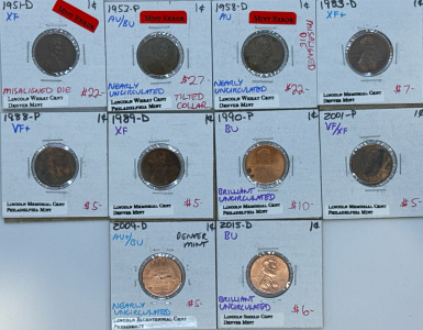 (10) Collectors Lincoln Pennies: 1951-D/1953-P/1958-D/1983-D/1988-P/1989-D/1990-P/2001-P/2009-D/2015-D Some w/ Errors Some Nearly Uncirculated