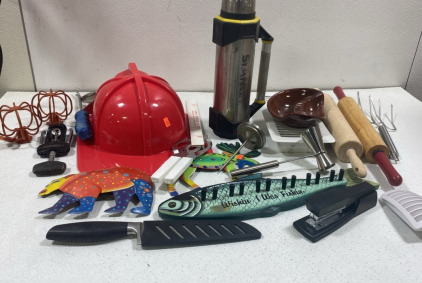 (1) Random Assorted Household Items such as, (1) Large Metal Black and Yellow Stanley, (2) Rolling Pins (1) Red hard Hat, and more.