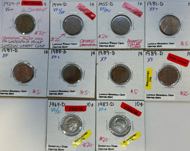 (10) Collectors Coins: (8) Lincoln Pennies 1929-P/1944-D/1955-D/1989-D/1987-D/1988-D/1989-D (2) Roosevelt Dimes 1969-D/1983-D Some Have Errors, Some Wheat