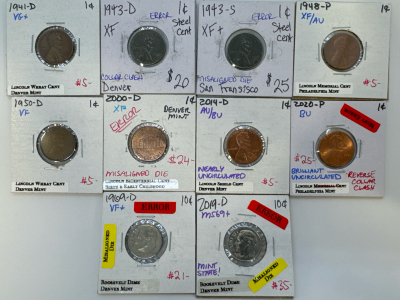 Collectors Coins: (8) Lincoln Pennies 1941-D/1943-D/1943-S/1948-P/1950-D/2000-D/2014-D/2020-P (2) Roosevelt Dimes 1969-D/2019-D Some Have Errors, Some Wheat and Nearly Uncirculated