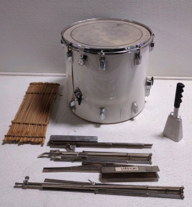 (1) Drum w/Drum Stands, (1) Cow Bell & (1) Hand Made Harpish Instrument