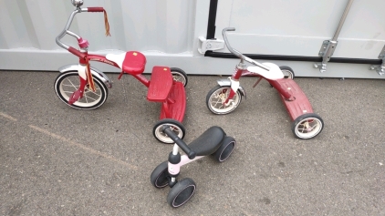 (2) Retro Radio Flyer (Red) Tricycles & (1) TheCroco (Pink/Black) Toddle Bike
