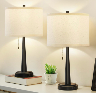 NEW! Gyro Vu Table Lamp Set In Matte Black w/ Light Beige Shades