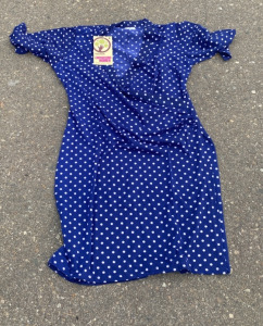 (1) 1 box of 12x Blue and White/Baby Pink Short Crossover V neck Polka Dot Dresses Size M-XL