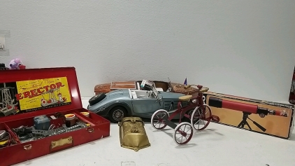 (1) Old 1930s Mercedes Benz Model Car, (1) Old Chris Craft Model Boat, (1) No.7 ½ Erector Engineers set, (1) 1984 Tasco Telescope. Old Antique Mailbox, Decor Bicycle