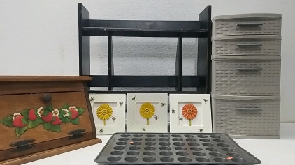 Standing Shelves (27 ½" W x 27" H x 8" L), Plastic Drawers, (3) Flower Wall decor, Counter top Fruit Chest, Cupcake Baking sheet