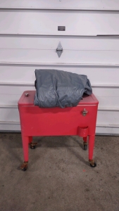 (1) Full Size Air Mattress & 30½"x 15½"x 32" Red Standing Cooler w/ Wheels & Bottle Cap Opener Attached