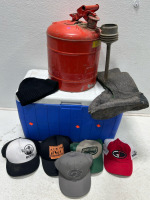 (1) Coleman Cooler (1) Gas can (6) Hats (1) Set of boot liners