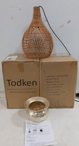 (3) Todken Rattan Lampshade Pendant Light (1) Gold Metal Bowl - Made in HongKong