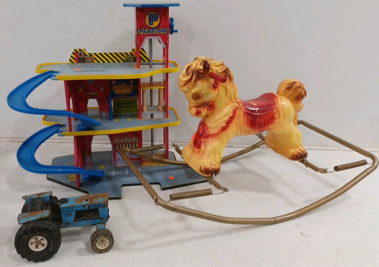 (1) Antique Blue Tonka Truck Tractor (1) Kids Parking Garage Tower Playtoy (1) Vintage Rideable Spring Horse Toy