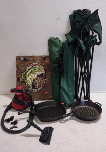 "Old Guys Rule, Still Kickin' Bass" Wooden Sign w/ Bass on it, (3) (Green) Assorted Camping Chairs, (2) Cast Iron Grittles & a Scunci Steamer