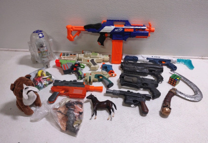 (10) Assorted Nerf Guns, a R2-D2 Moving Toy, Stuffed Animal (Bull Dog) & More