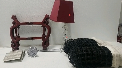 Glass and Red Fabric Lamp, Wooden Foldable Stand, Shower Head, Volleyball net