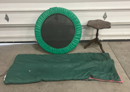 (1) 38” kids trampoline (Green) (1) 20”x 2’ Side Table (1) Camping sleeping Bag (Green)