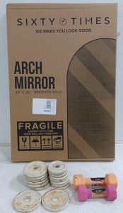 (1) Arch Mirror - Brushed Gold - 24" x 36" (6) BFCO 2.5lbs 1" Metal Weights (8) 1.25lbs 1" Weights Metal (1) Healthways 2.5lbs 1" Metal Weights (1) Champion 2.5lbs 1" Metal Weights (2) Cap Dumbbell - 8lb & 5lb (1) Stepping Stool