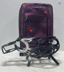 (1) yard art horse shoe pig (1) suitcase-purple