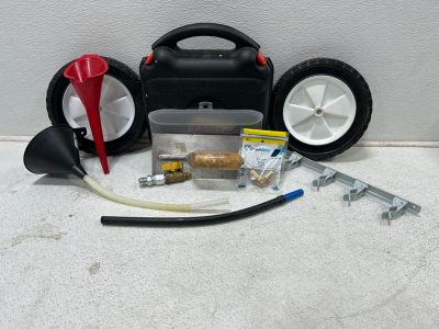 (1) electric sander (2) 10” tires 1/2 axel hole (3) Oil Spouts (1) trowel (1) broom hanger (1) 1/2” valve (1) 1” elbow