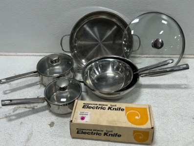 (1) Assorted pots and pans w/ lids (1) electric knife