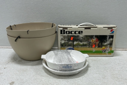 (2) hanging plant holders (2) antique Corning ware plate (1) Bocce ball