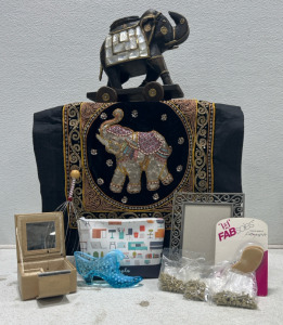 (1) Elephant tapestry (1) Elephant figurine (1) Traveling jewelry box (1) Glass slipper (1) Picture frame (1) Variety Hoopla