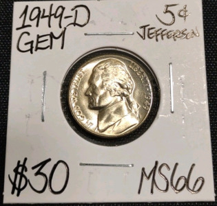 1949-D MS66 Gem Vintage Jefferson Nickel