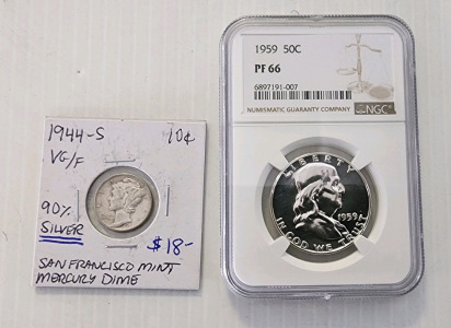 1959 PF66 Half Dollar, 1944-S Mercury Dime