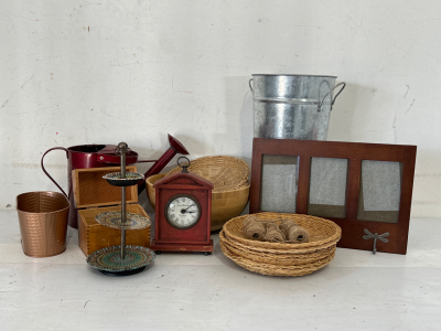 Rustic Themed Home Decor Including: Clock, Baskets, Wood Bowl, Twine And More